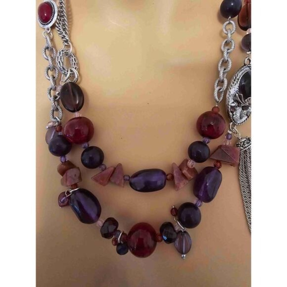 Coldwater Creek Red Purple Silver Beaded Multi Strand Necklace - Picture 7 of 14